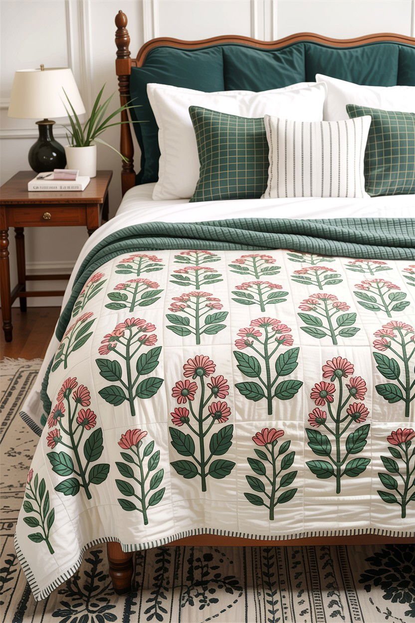 Block Print Quilt - 30 grandmillennial bedroom ideas