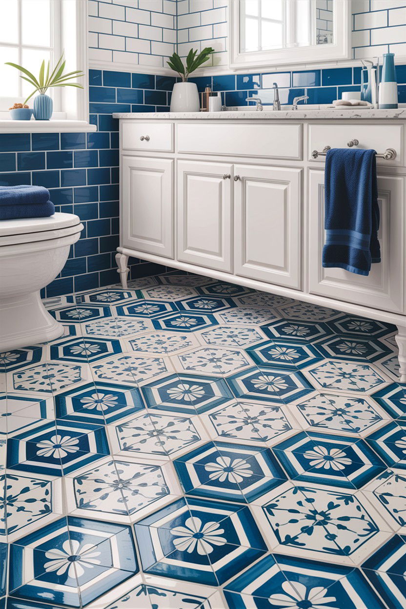 Blue And White Patterned Hexagon Tile Bathroom - 30 hexagon tile bathroom ideas