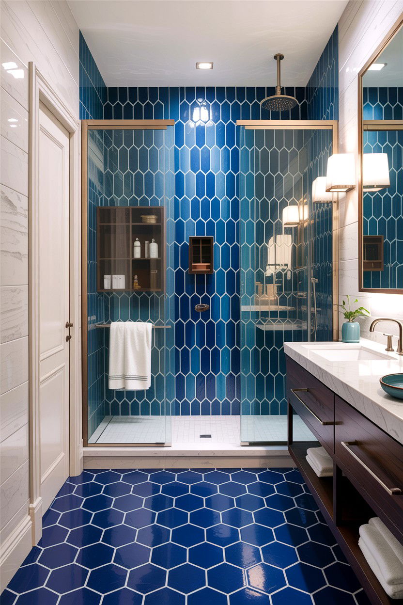 Blue Geometric Tile - 30 cobalt blue bathroom ideas