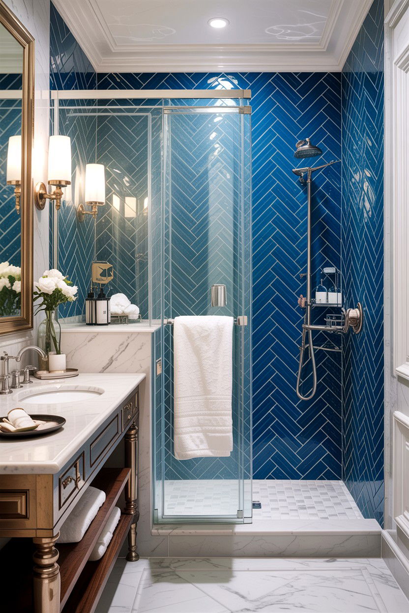 Blue Herringbone Shower Tile - 30 accent tile bathroom ideas