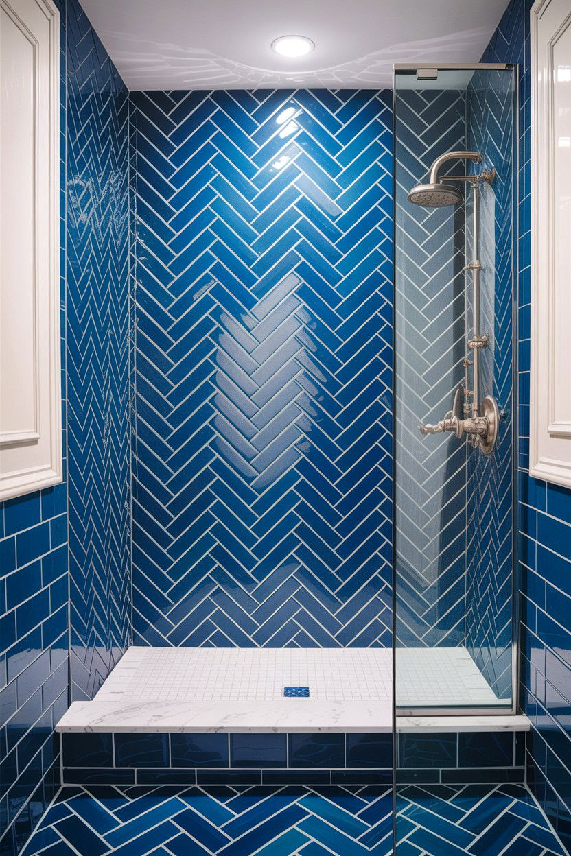 Blue Herringbone Tile - 30 cobalt blue bathroom ideas