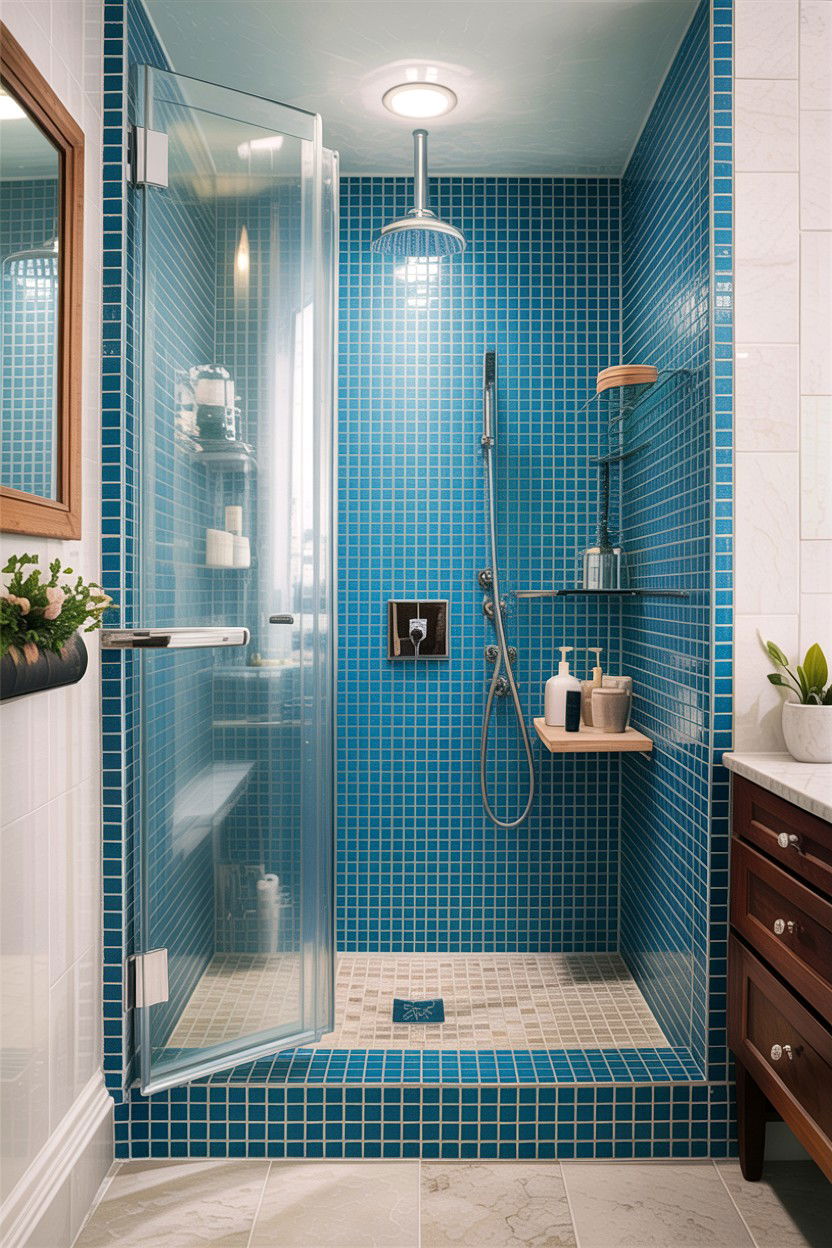 Blue Mosaic Tile Shower - 30 light blue bathroom ideas