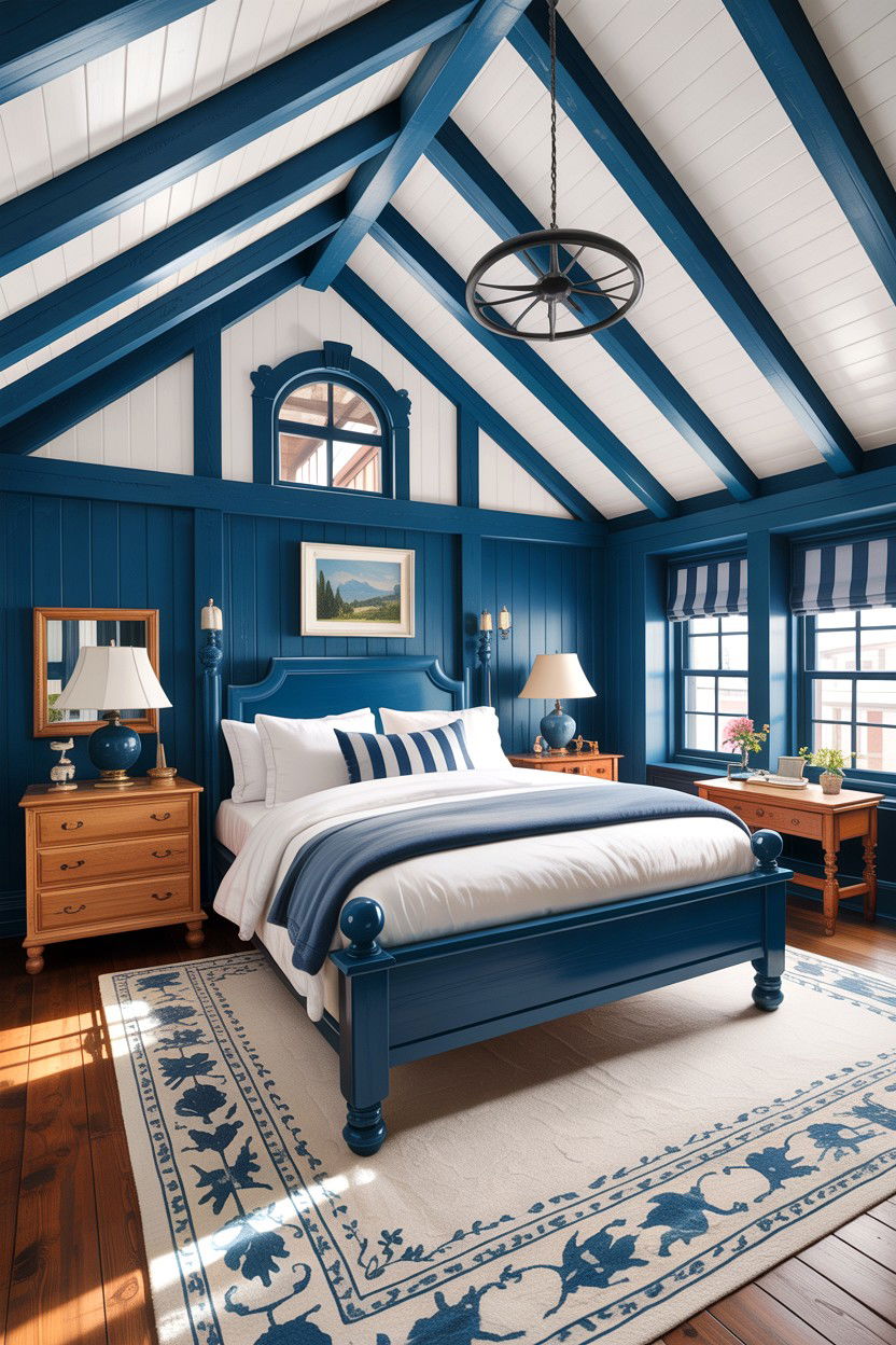 Blue Wood Beam Bedroom - 30 rustic blue bedroom ideas
