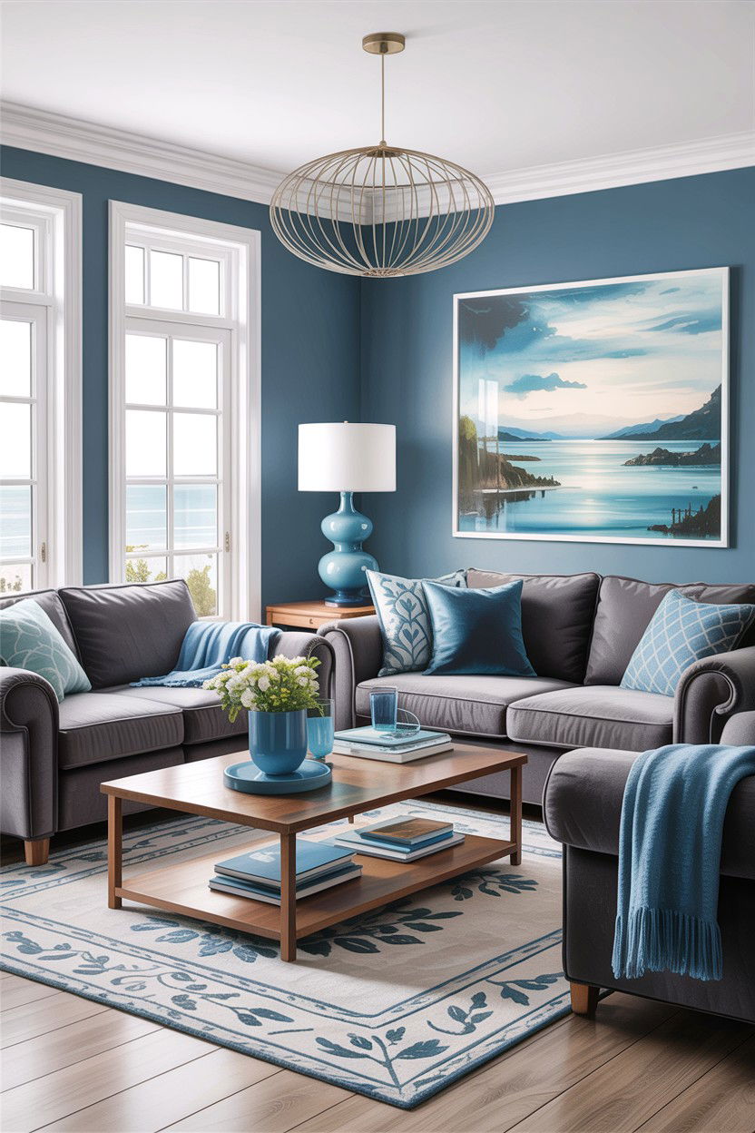 Blue and gray coastal living room - 30 hamptons living room ideas