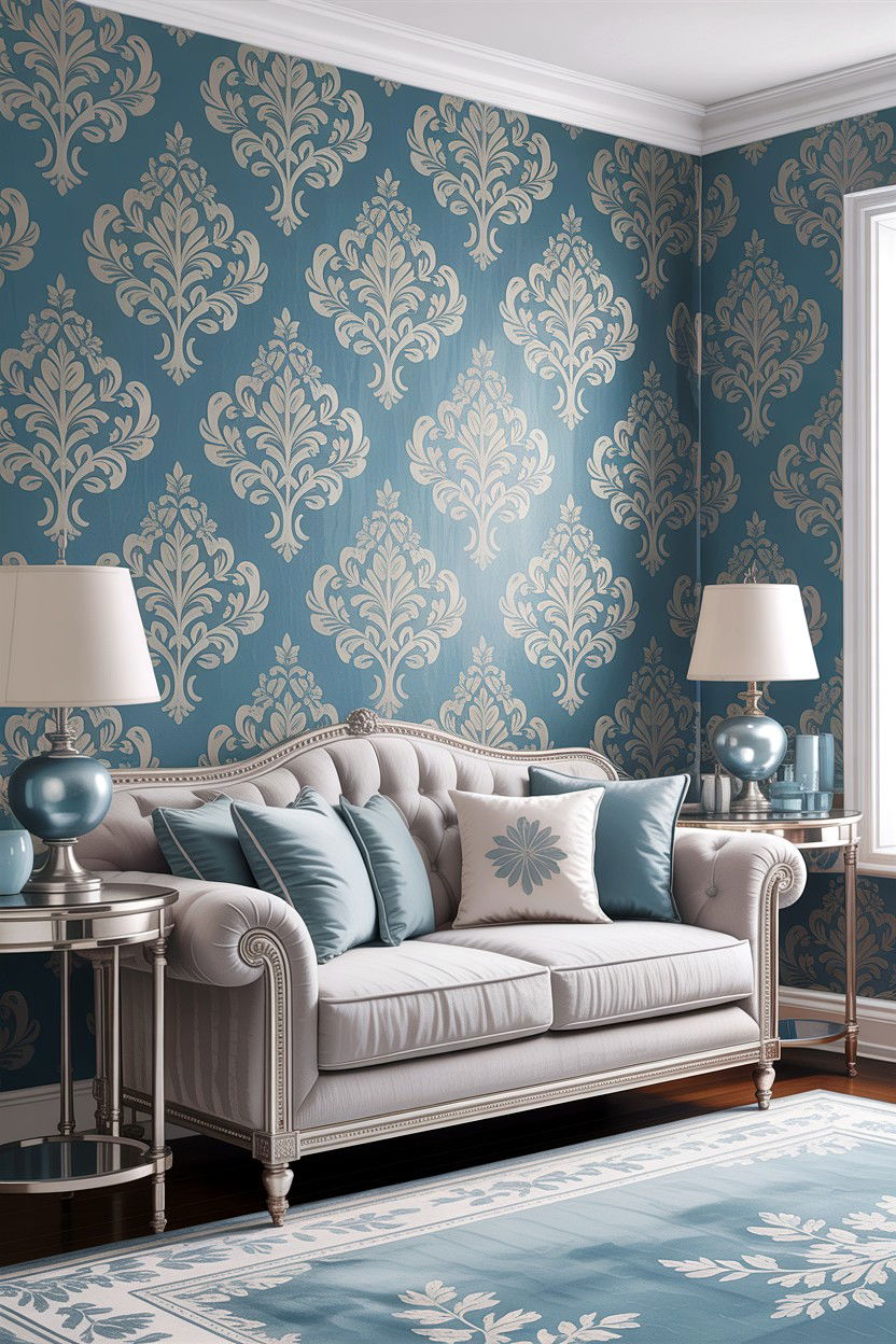 Blue and silver damask wallpaper - 30 living room damask wallpapers