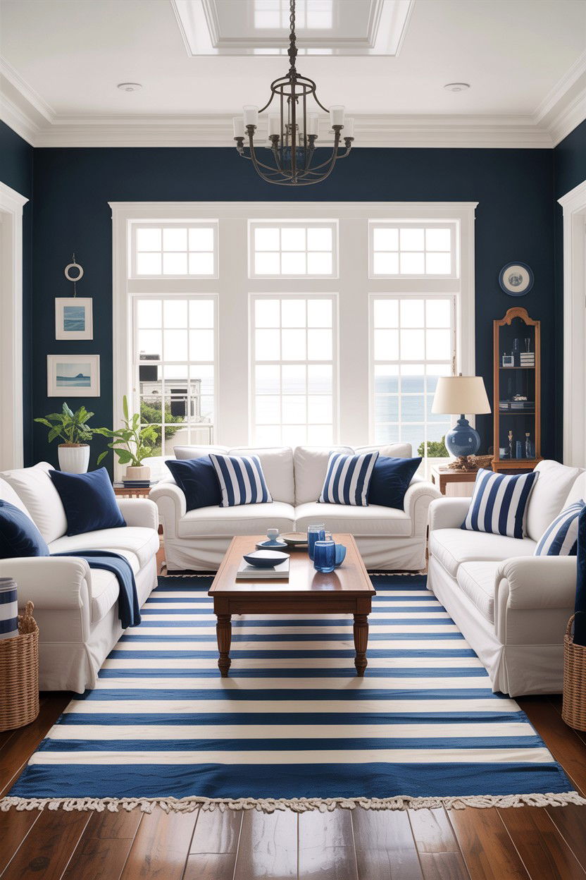 Blue and white coastal living room - 30 coastal chic living room ideas