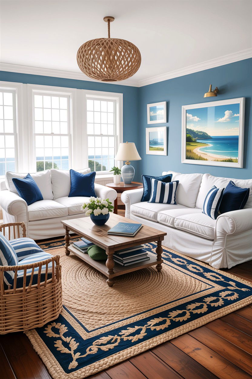 Blue and white coastal living room - 30 cape cod living room ideas