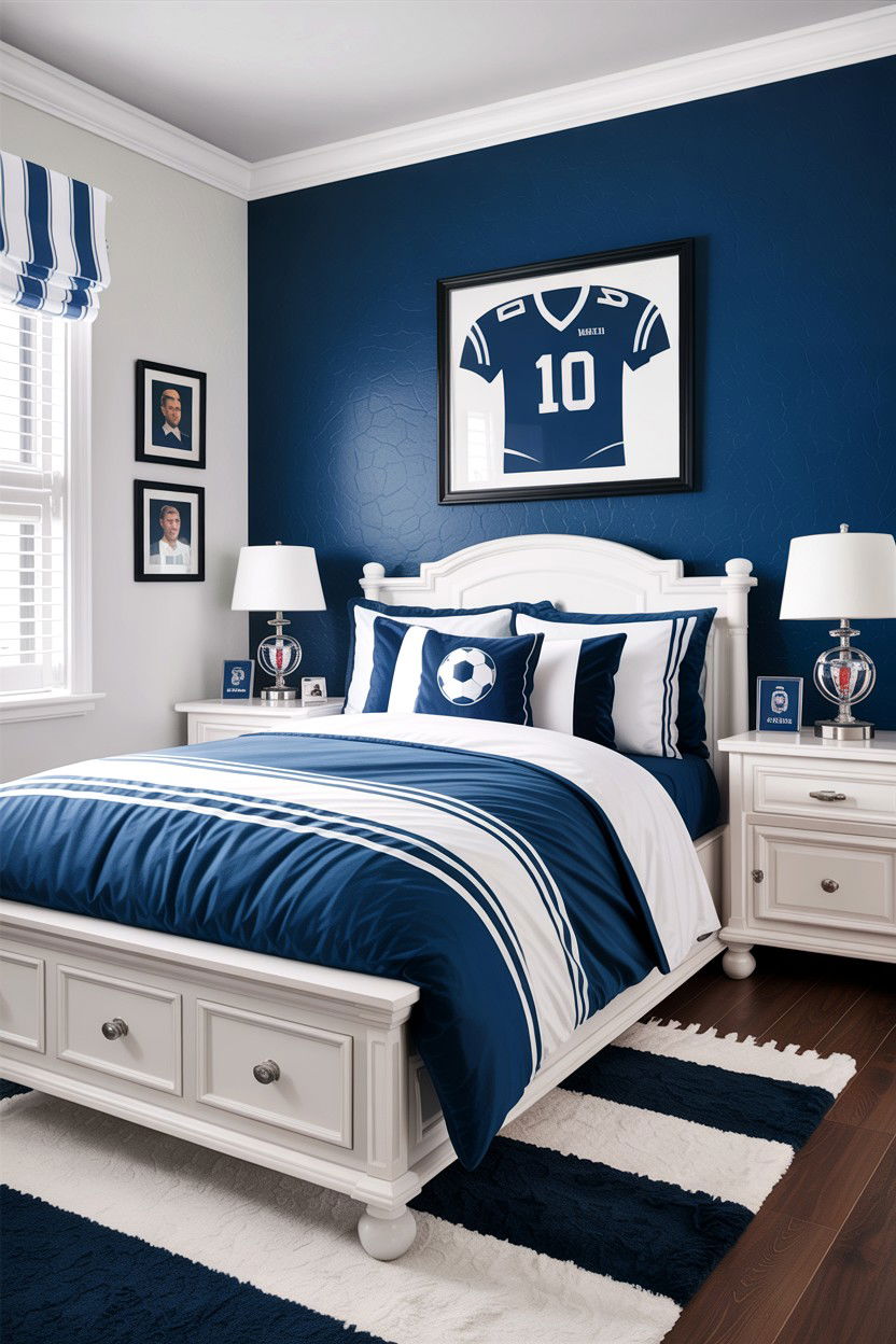 Blue and white football bedroom - 30 football bedroom ideas