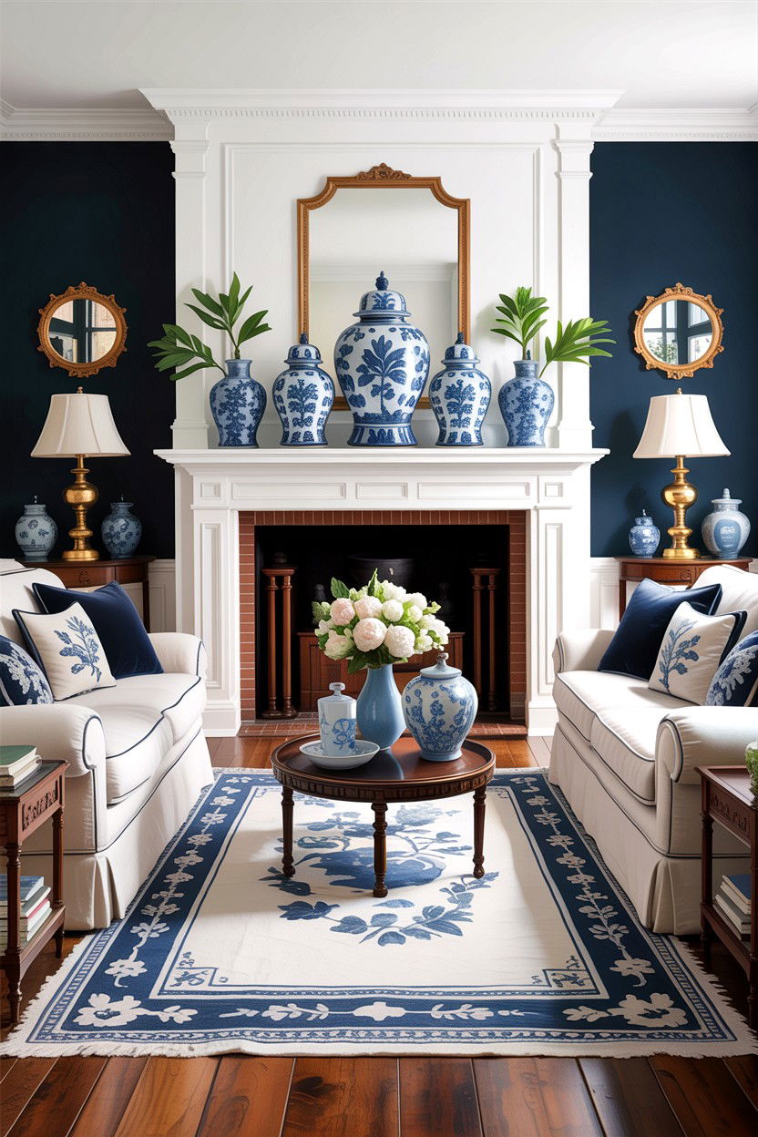 Blue and white ginger jars - 30 grandmillennial living room ideas