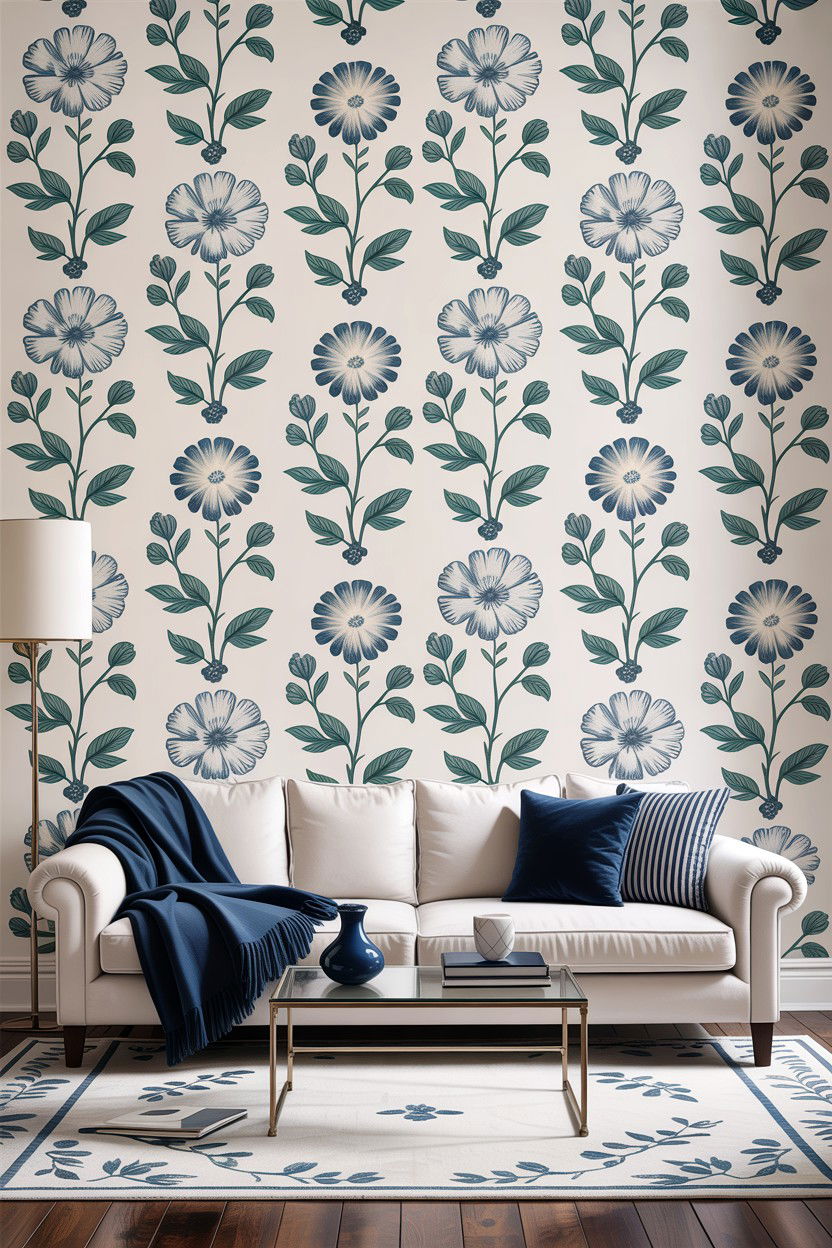 Blue and white wallpaper - 30 blue and white living room ideas