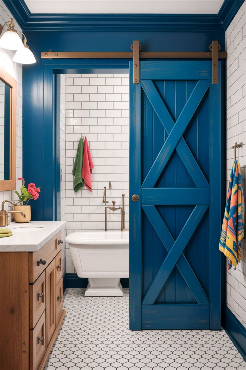 Blue barn door - 30 bathroom barn door ideas