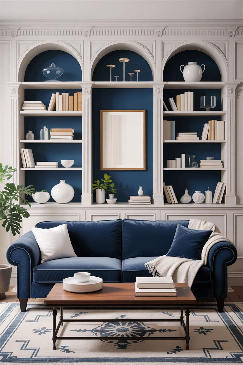 Blue built in shelves - 30 blue and white living room ideas