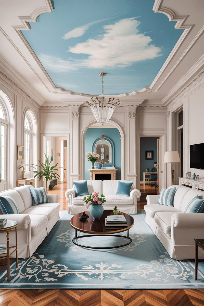 Blue ceiling paint - 30 blue and white living room ideas