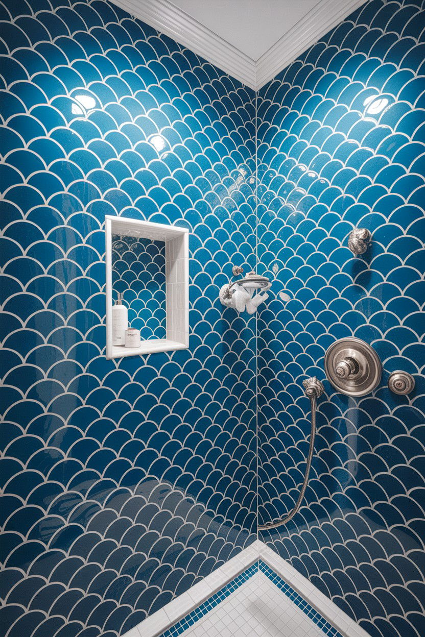 Blue fish scale tile shower - 30 fish scale tile bathroom ideas