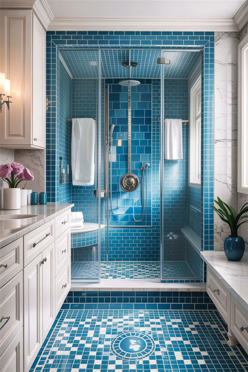 Blue glass mosaic shower - 30 glass mosaic bathroom ideas