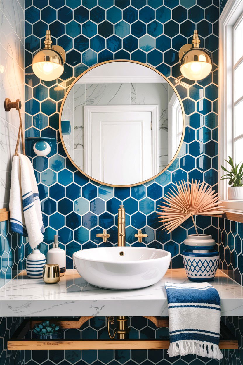 Blue hex tile bathroom backsplash