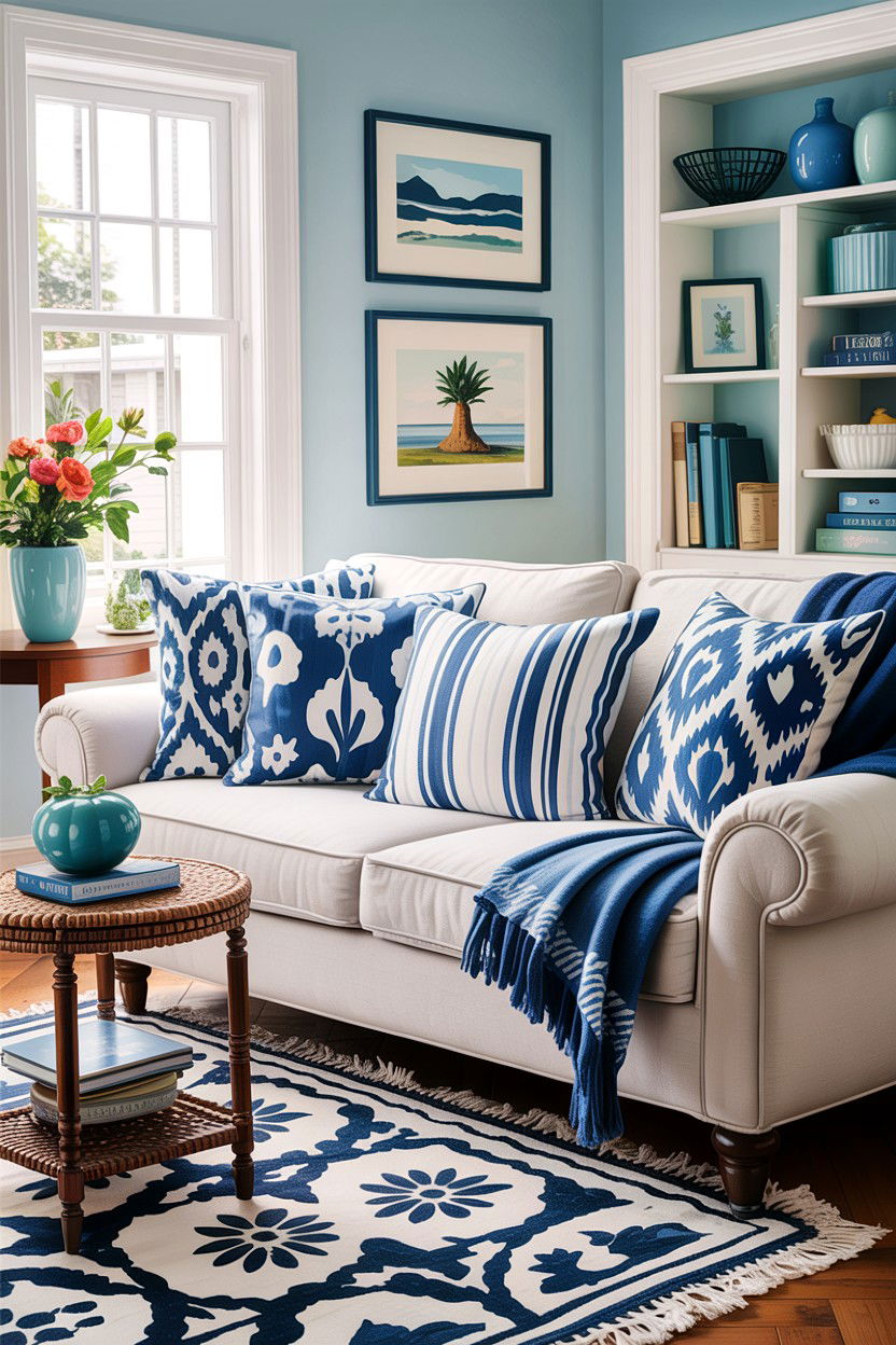 Blue patterned pillows - 30 cape cod living room ideas