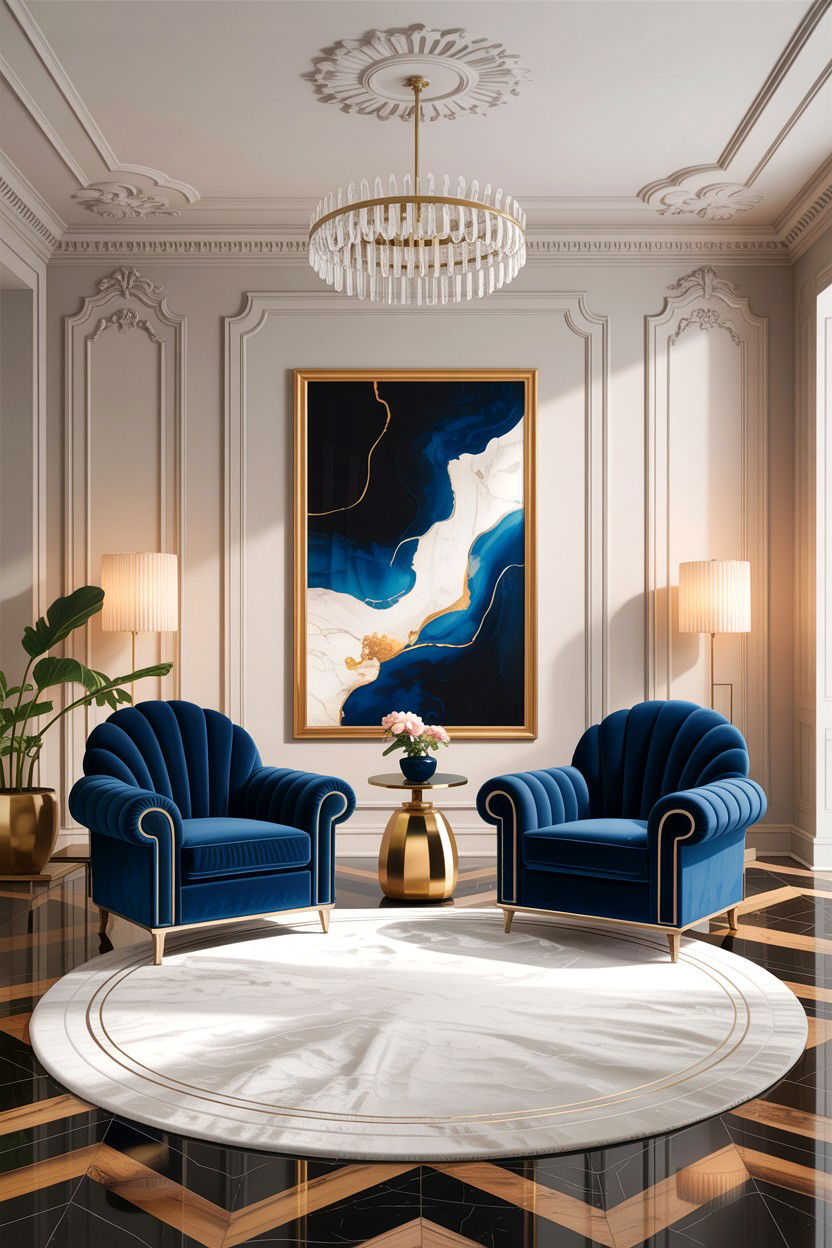 Blue velvet furniture - 30 blue and white living room ideas