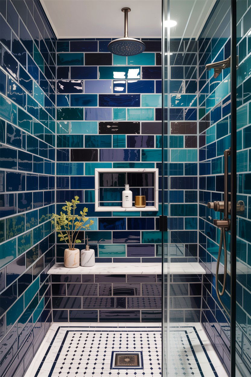 Blue zellige shower - 30 handmade tile bathroom ideas