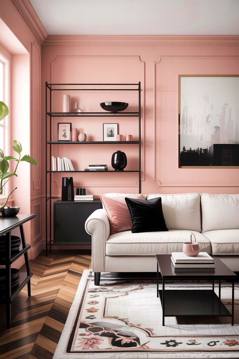 Blush pink and black living room - 30 blush pink living room ideas