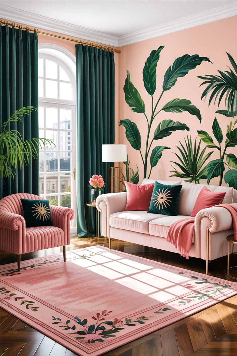 Blush pink and emerald green living room - 30 blush pink living room ideas