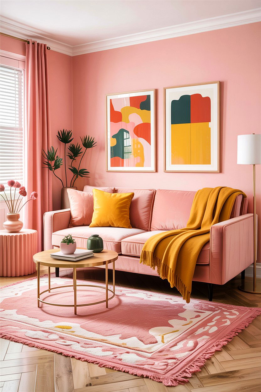 Blush pink and mustard yellow living room - 30 blush pink living room ideas