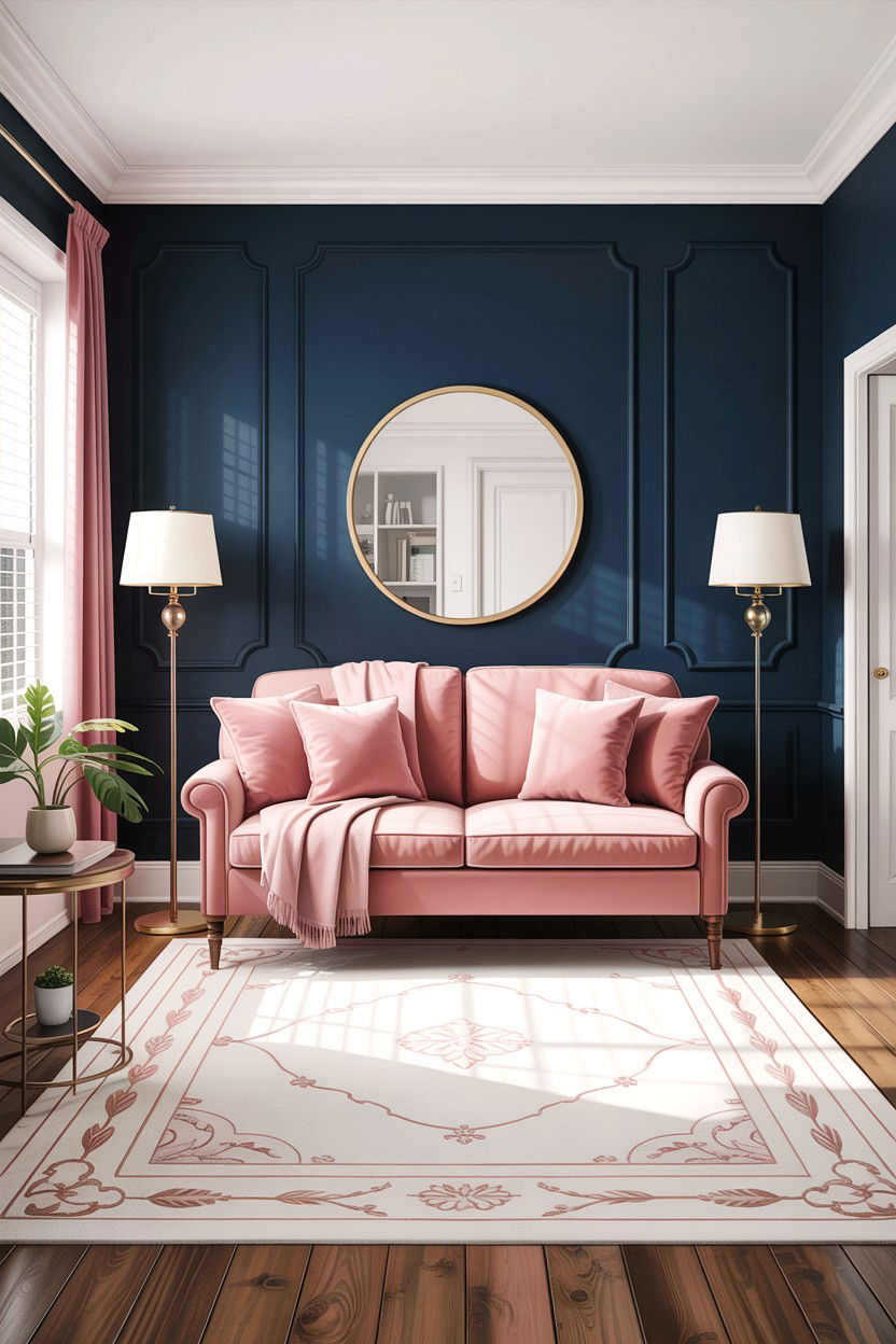 Blush pink and navy blue living room - 30 blush pink living room ideas