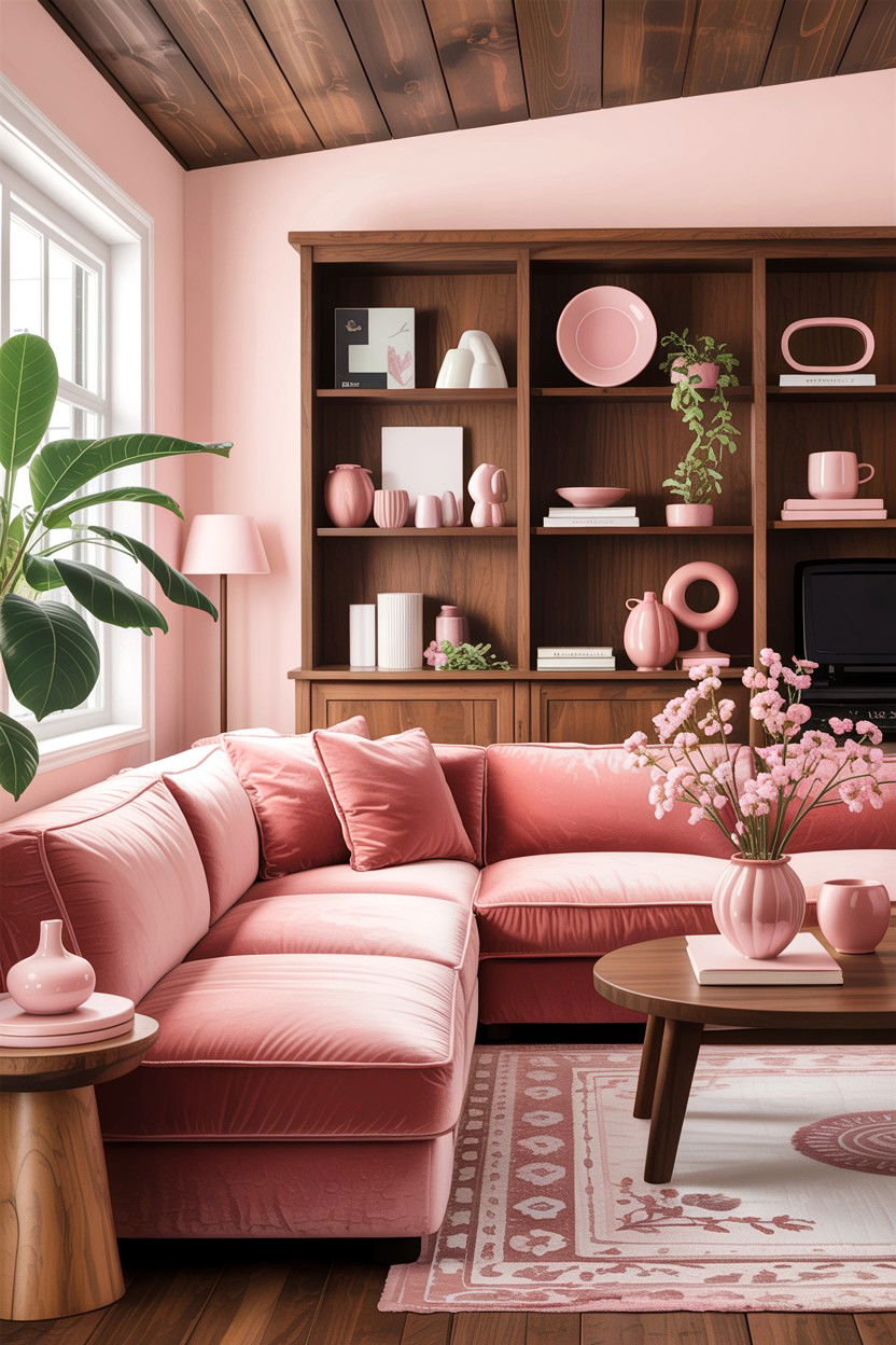 Blush pink and wood living room - 30 blush pink living room ideas
