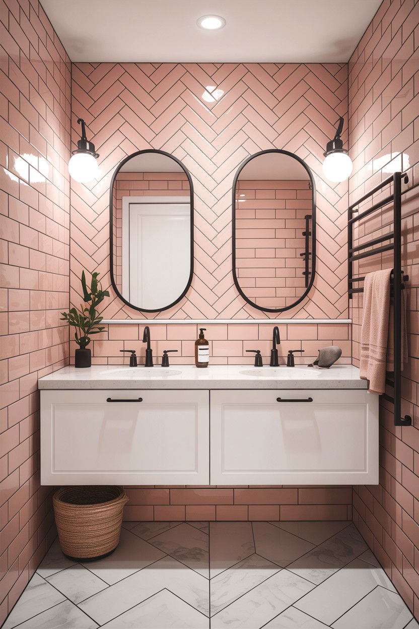 Blush pink subway tile bathroom - 30 colored subway tile bathroom ideas