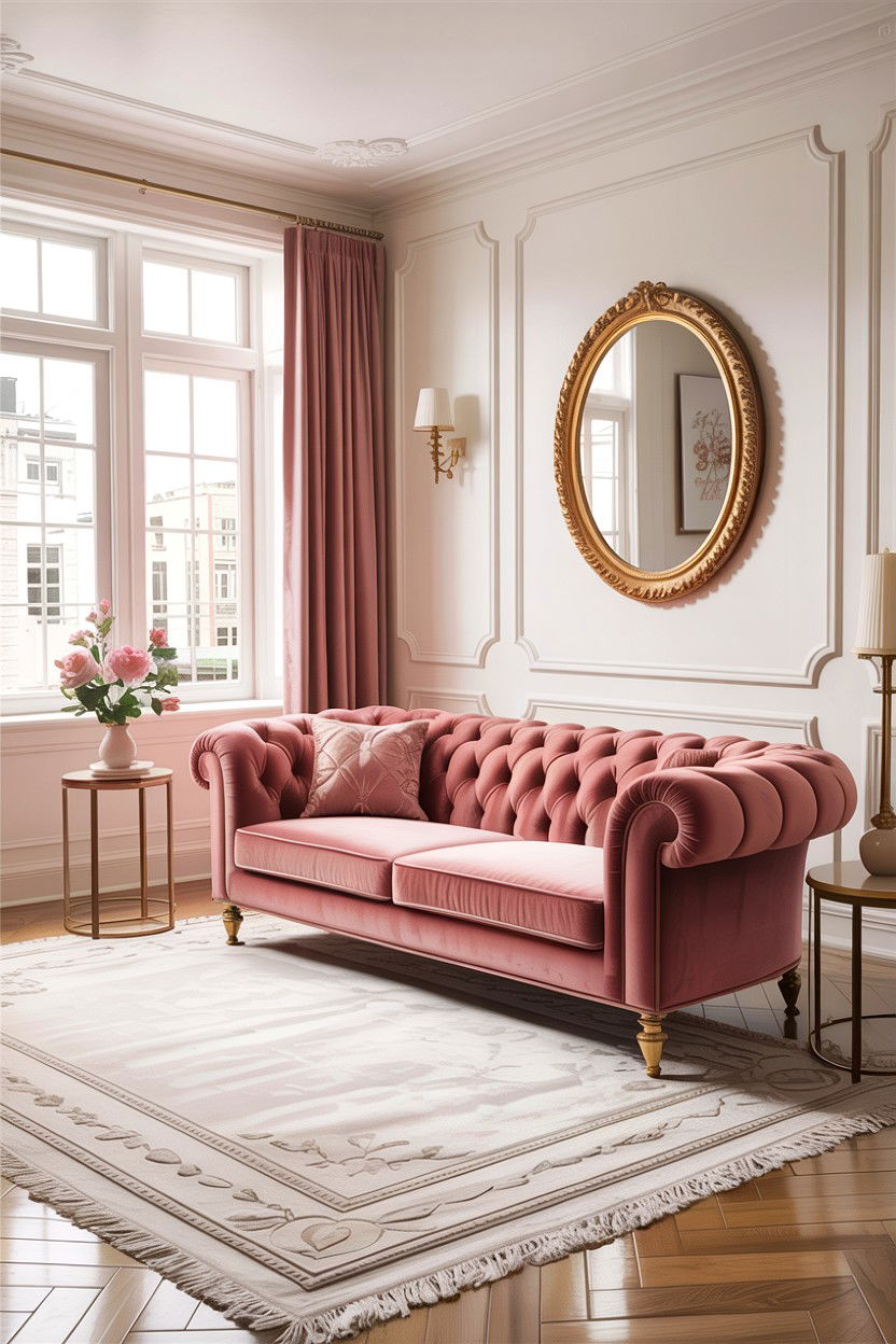 Blush pink velvet sofa living room - 30 blush pink living room ideas