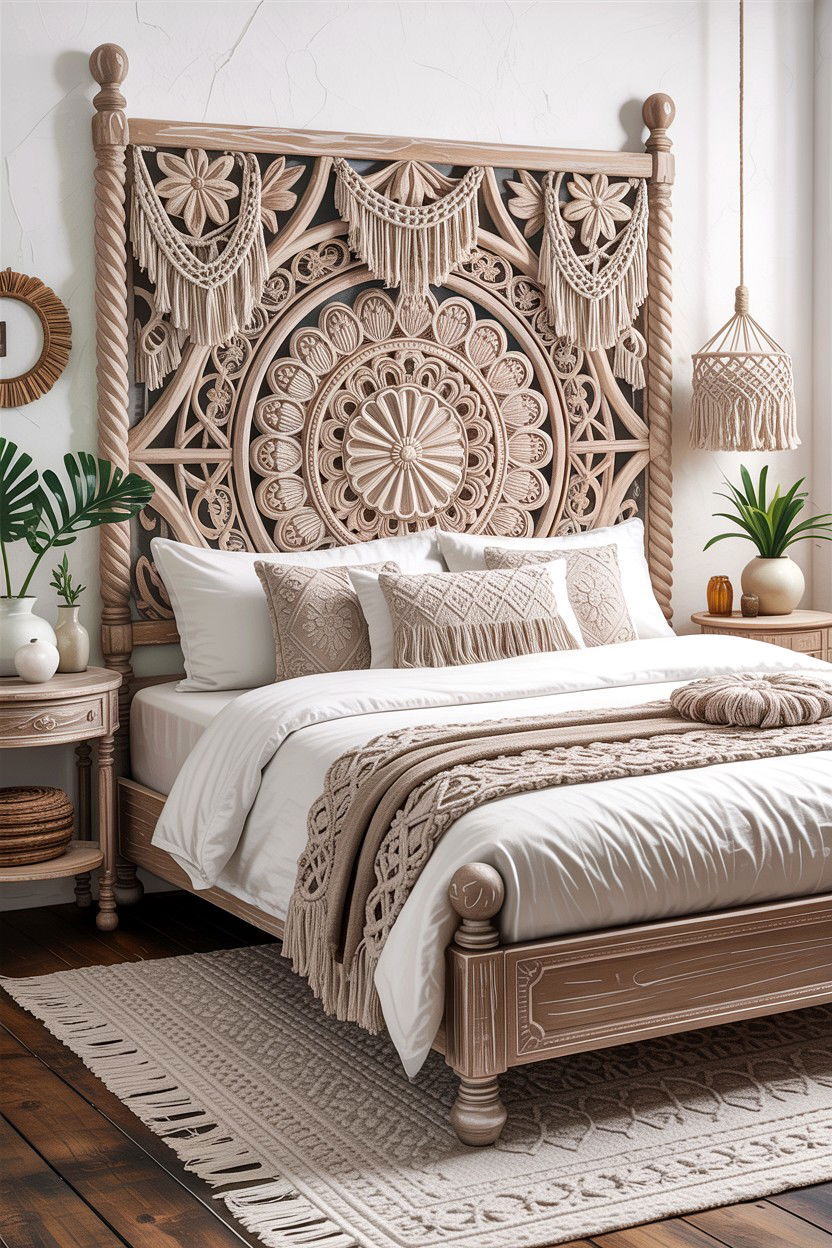 Bohemian Carved Wood Headboard - 30 bedroom wooden headboards