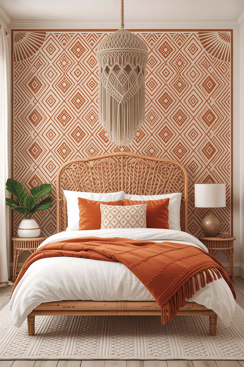 Bohemian Geometric Stencil Wall - 30 bedroom geometric wall designs