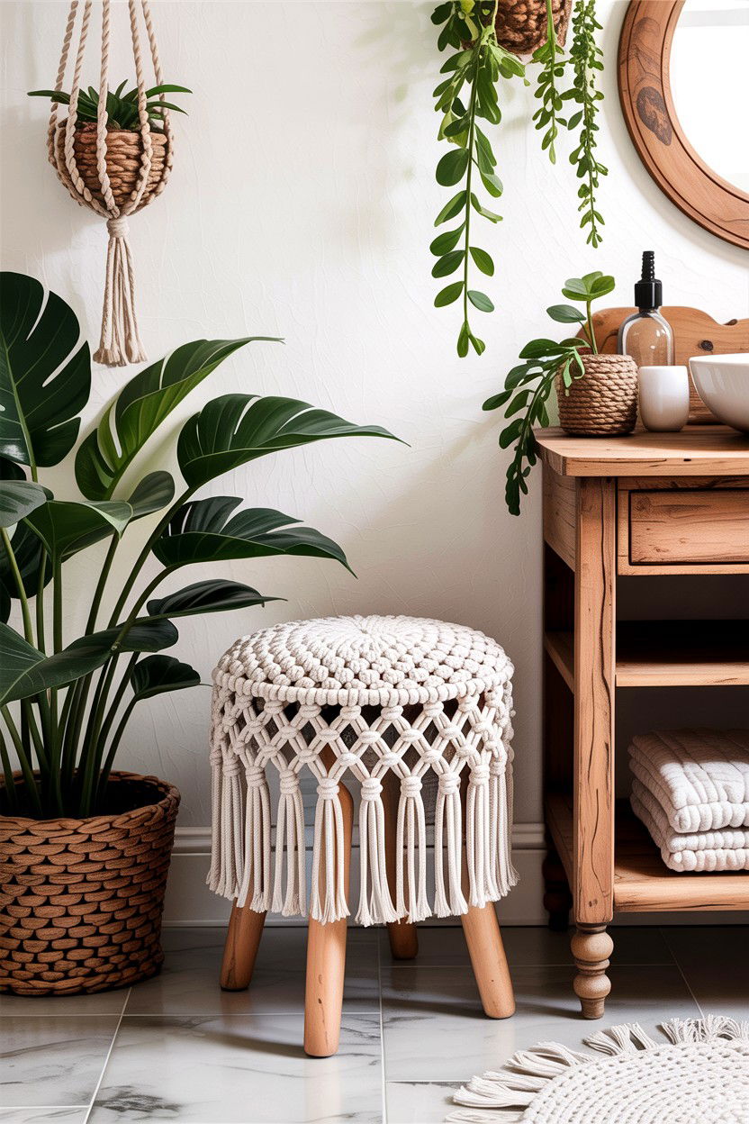 Bohemian Macrame Stool - 30 bathroom bench ideas