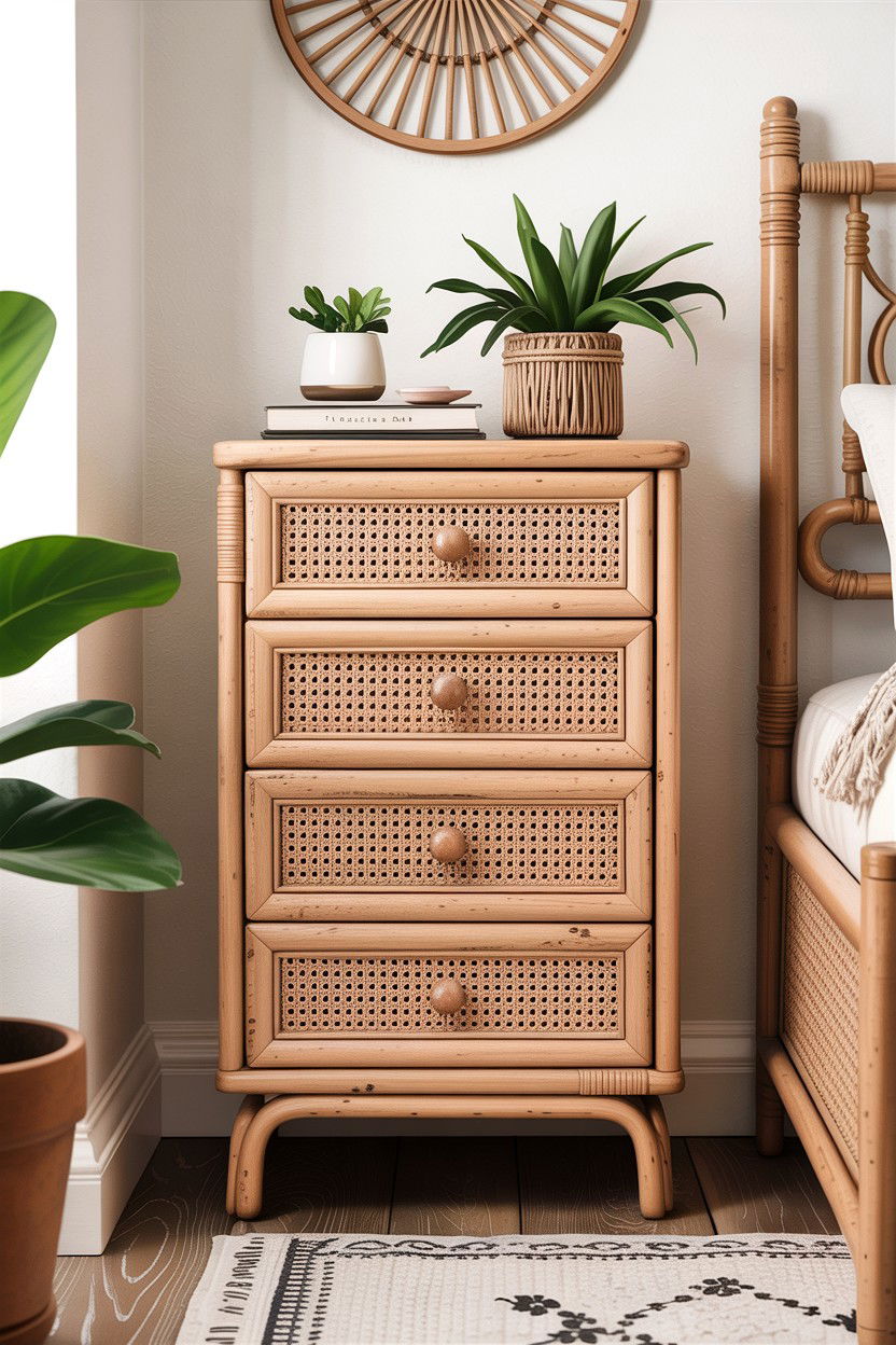 Bohemian Tall Nightstand With Rattan - 30 bedroom tall nightstands