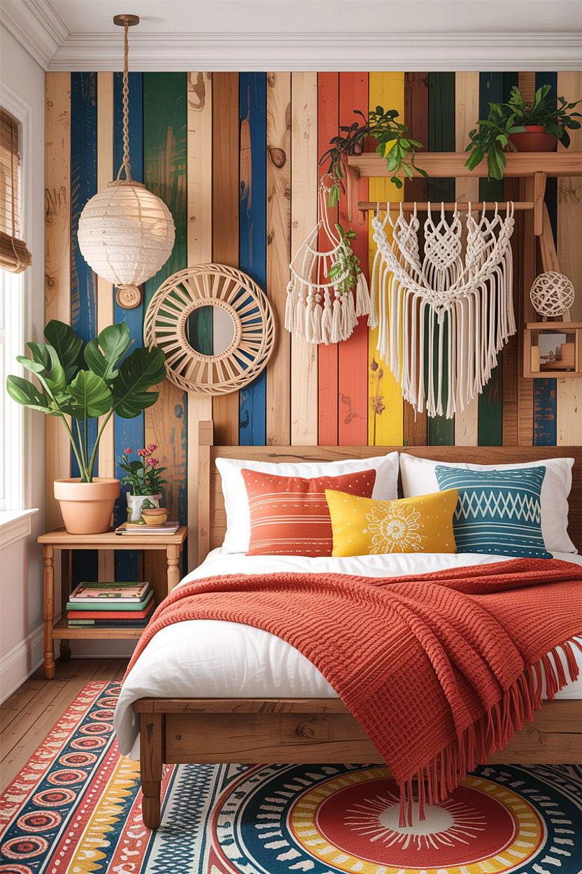 Bohemian Wood Slat Wall - 30 bedroom wainscoting ideas