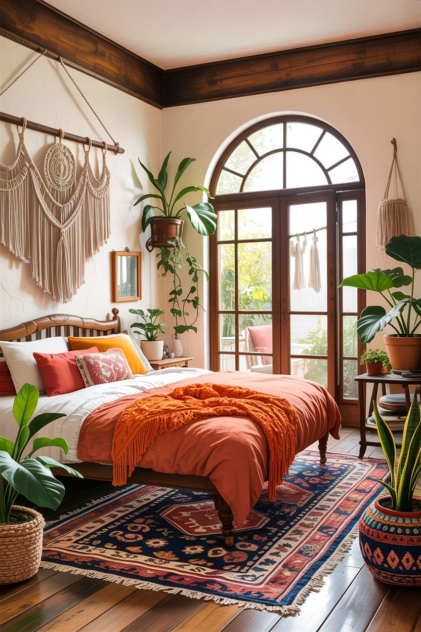 Bohemian bedroom with arched patio doors - 30 bedroom with patio doors