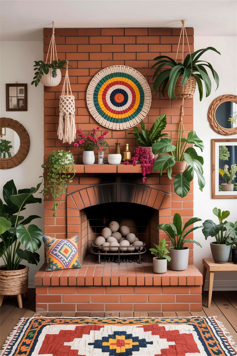 Bohemian brick fireplace - 30 living room fireplace brick ideas