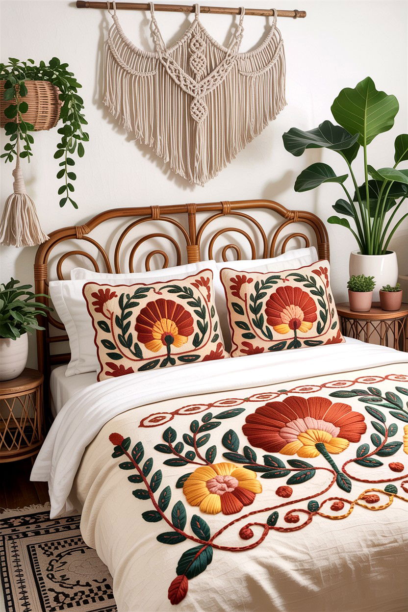 Boho Crewel Work Bedroom - 30 embroidered bedroom ideas