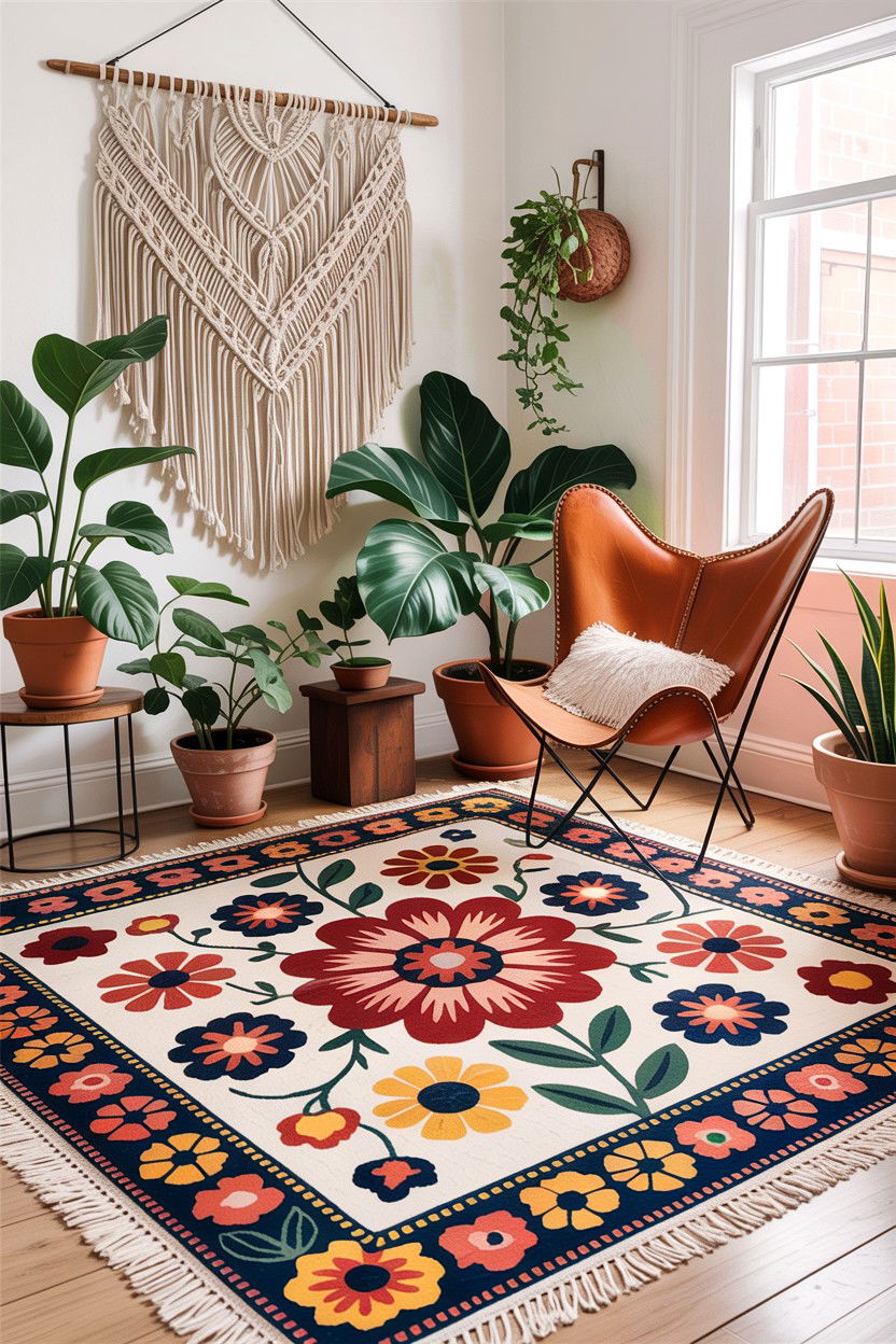 Boho Floral Rug - 30 floral themed living room ideas
