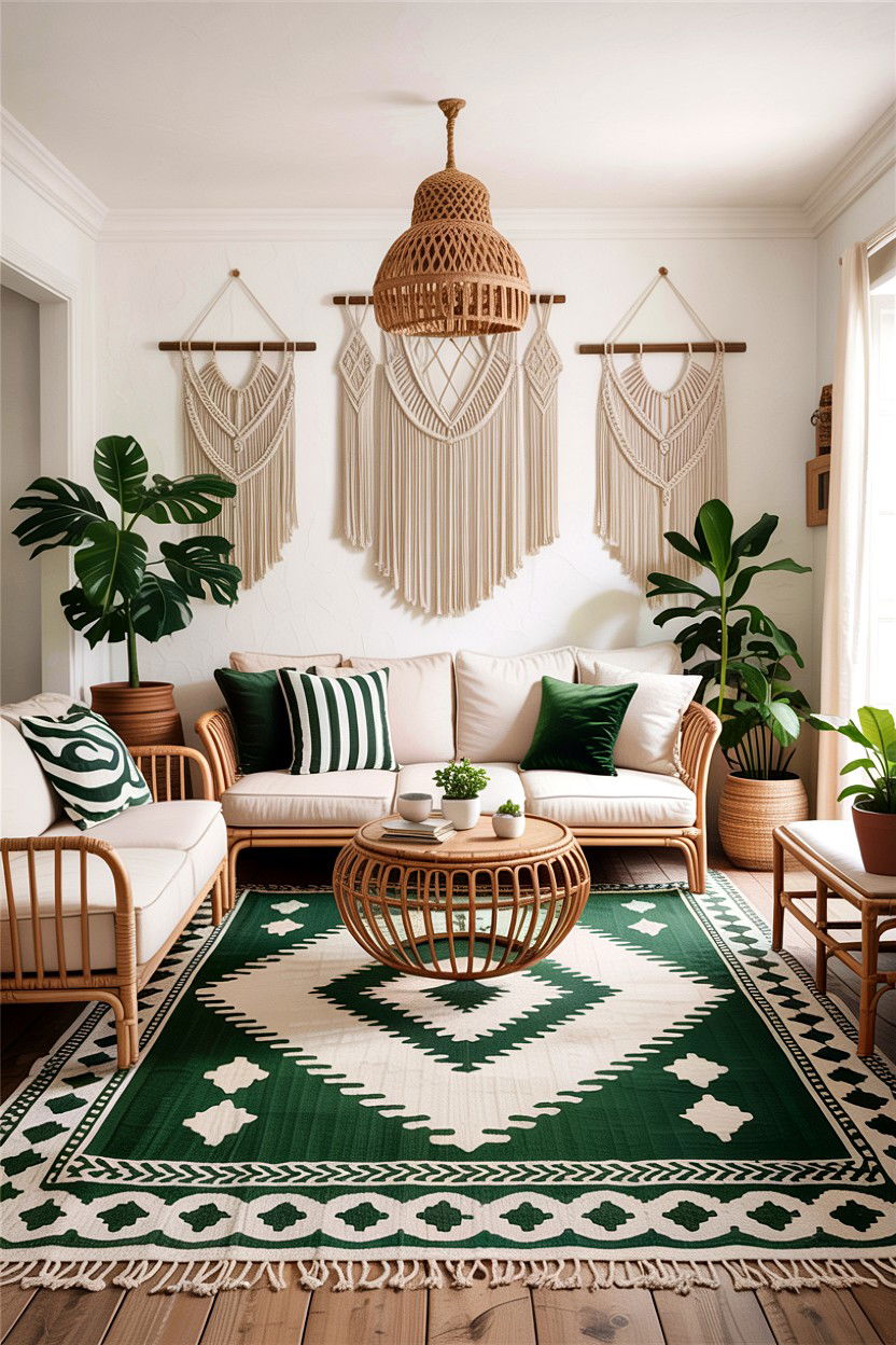 Boho Green White Living Room - 30 green and white living room ideas