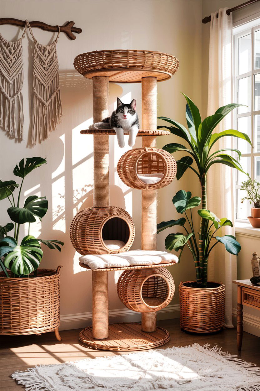 Boho Rattan Cat Tree - 30 cat tree bedroom ideas