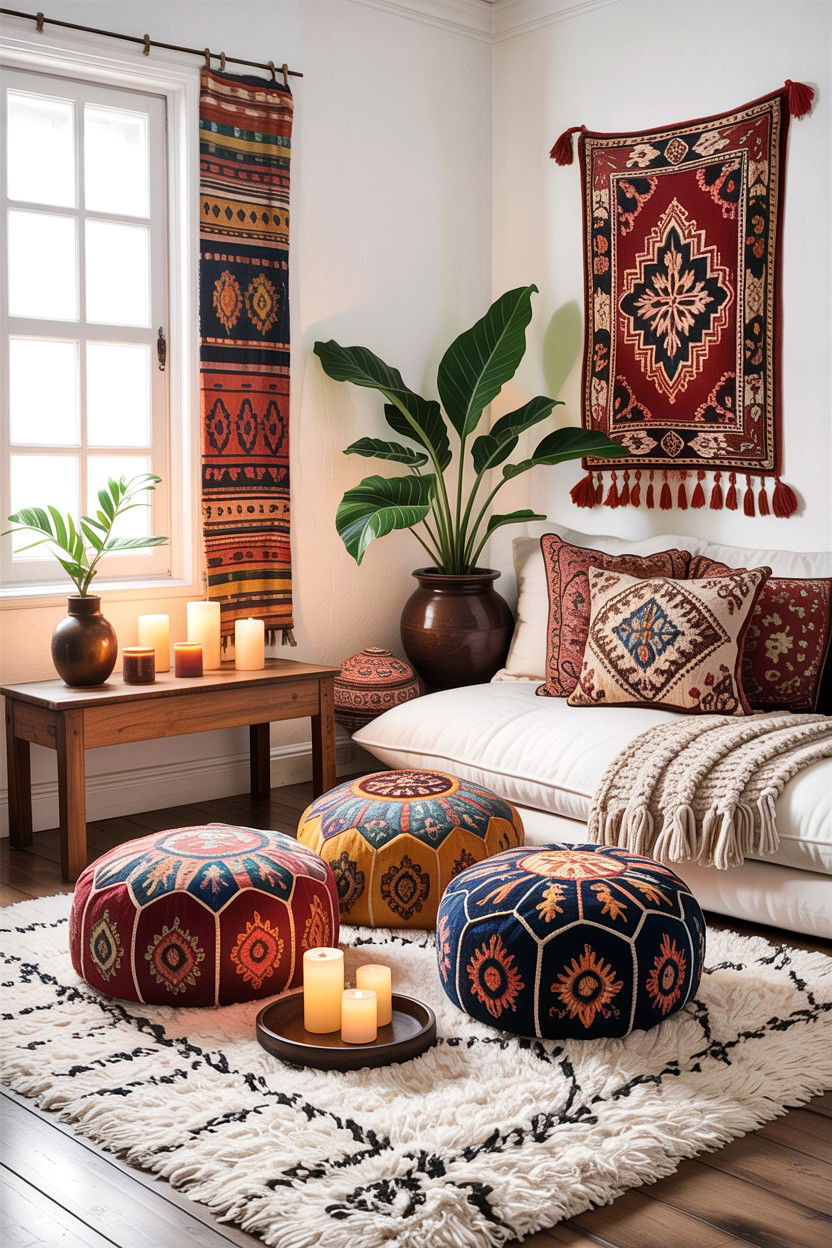 Boho bedroom floor cushions - 30 bedroom with lounge ideas