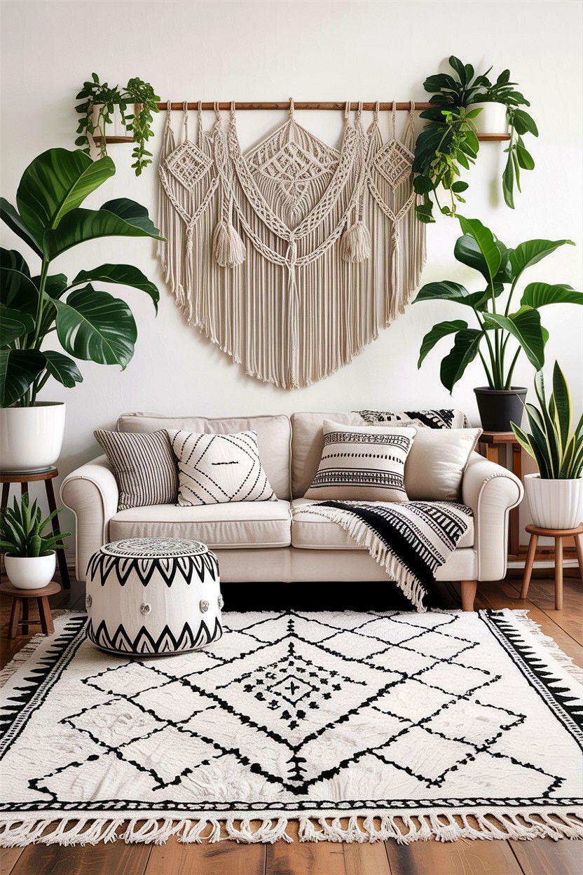 Boho black and white living room - 30 black and white living room ideas