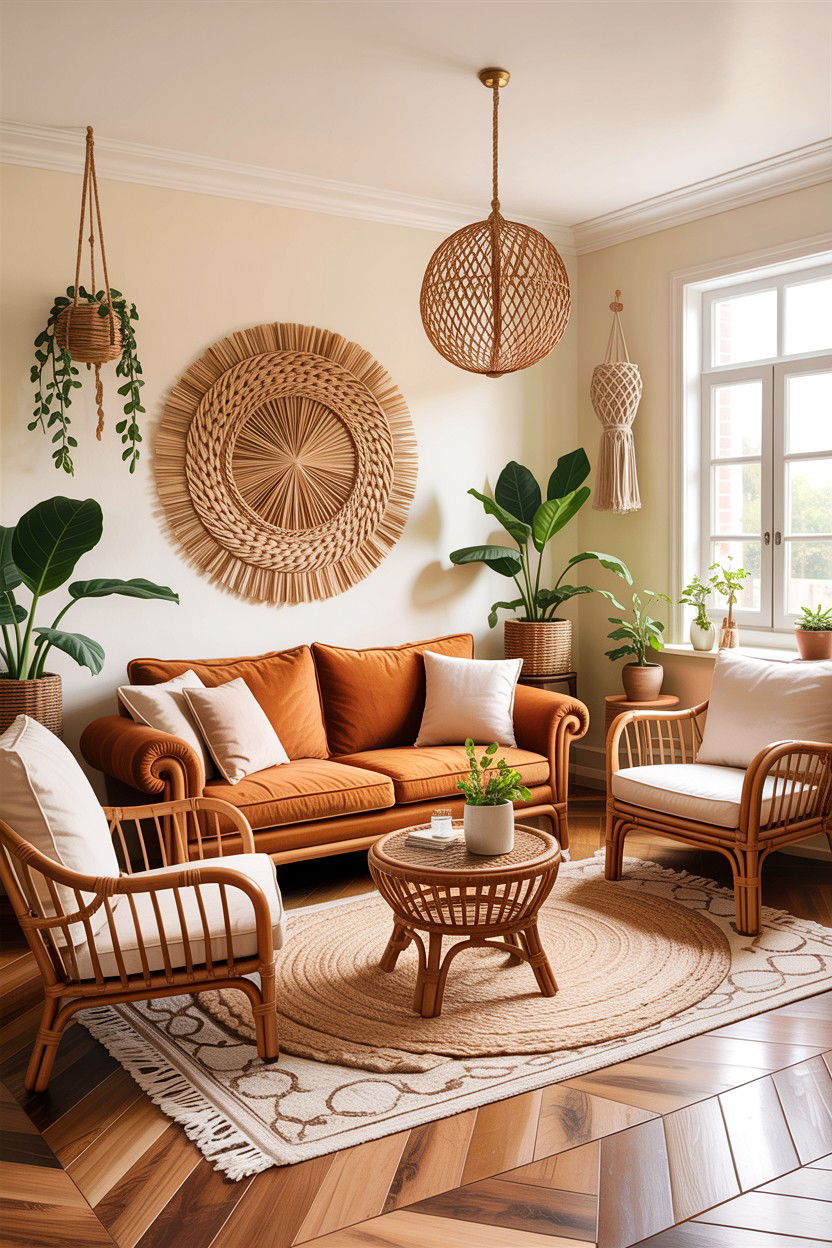 Boho brown and rattan living room - 30 warm brown living room ideas