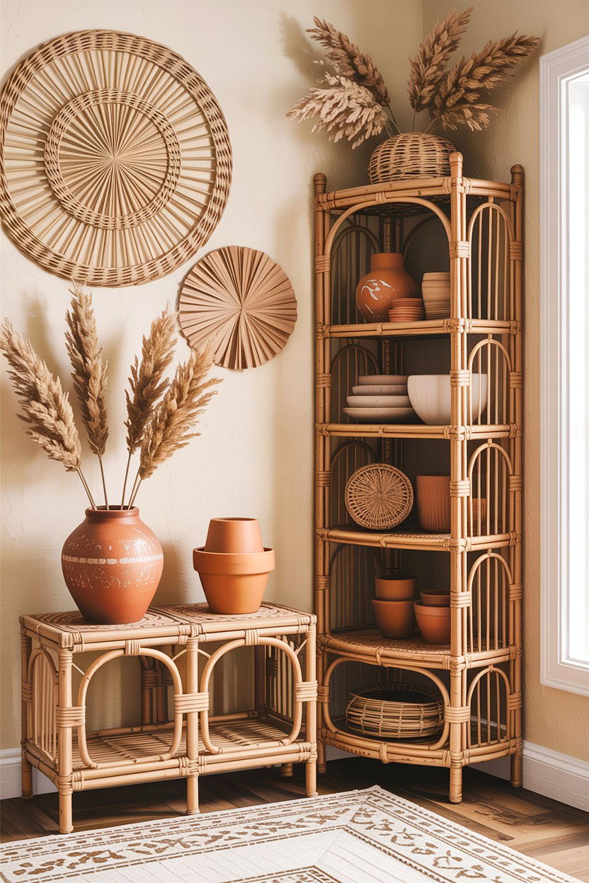 Boho rattan corner shelf - 30 living room corner shelf ideas