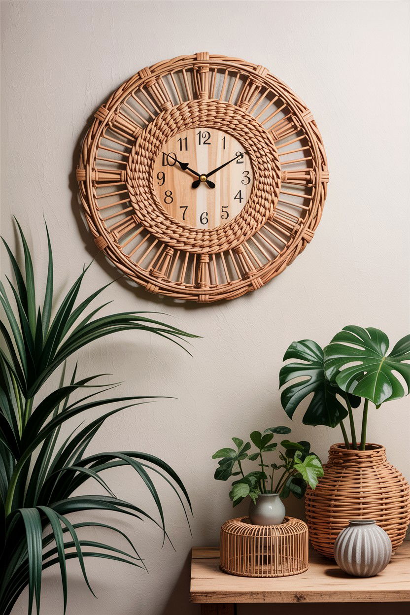 Boho rattan wall clock - 30 bedroom clock ideas