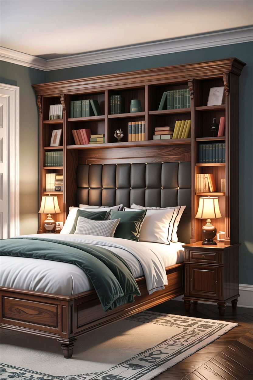 Bookcase headboard - 30 bedroom organization ideas
