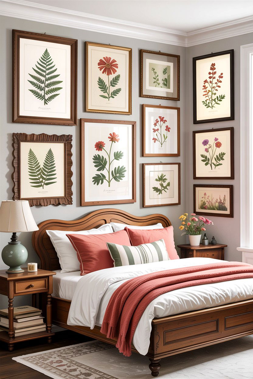 Botanical Art Gallery Wall - 30 cottage core bedroom ideas