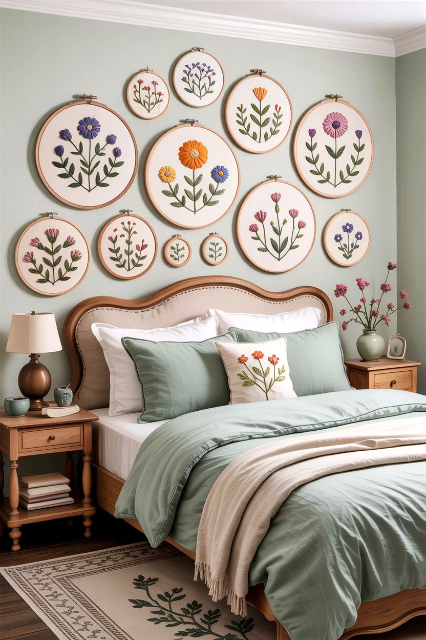 Botanical Embroidery Hoop Wall - 30 embroidered bedroom ideas