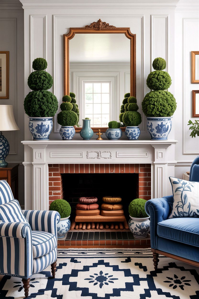 Boxwood topiaries - 30 grandmillennial living room ideas